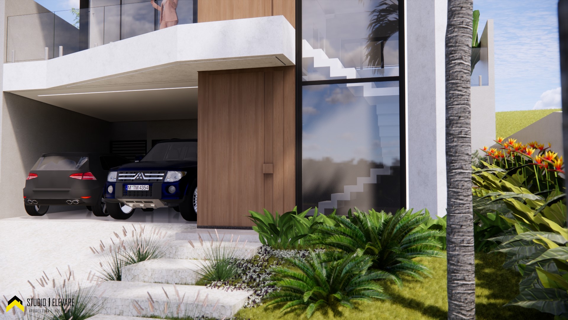 Garagem com paisagismo